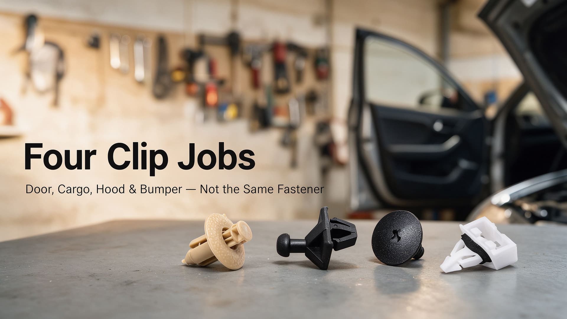 Four automotive clip jobs — door trim, cargo hook, hood retainer and bumper clip comparison by MotiveCrate