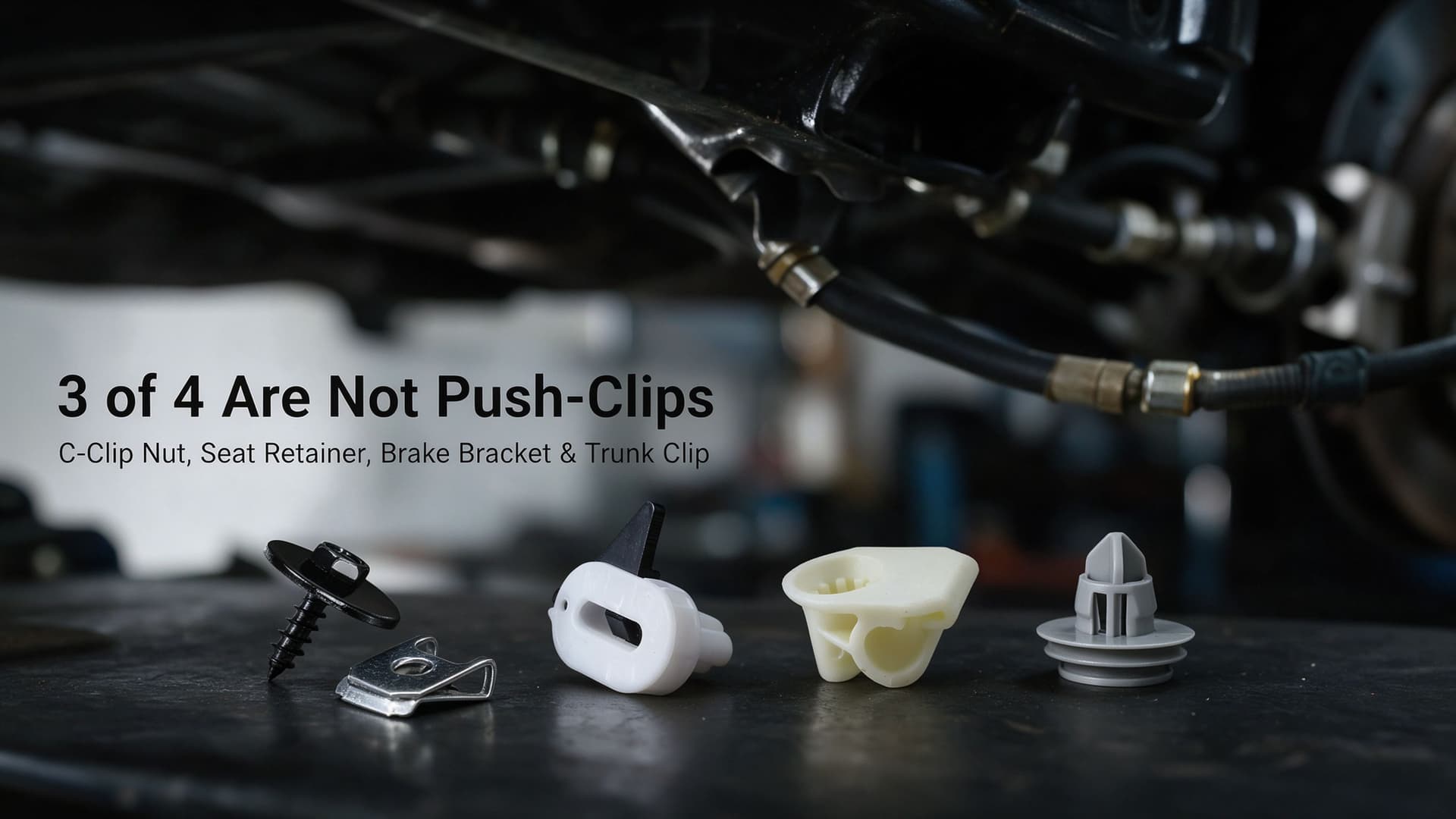 Four automotive fasteners that are not push-clips: C-clip spring nut, seat cushion retainer, brake line bracket and trunk trim clip